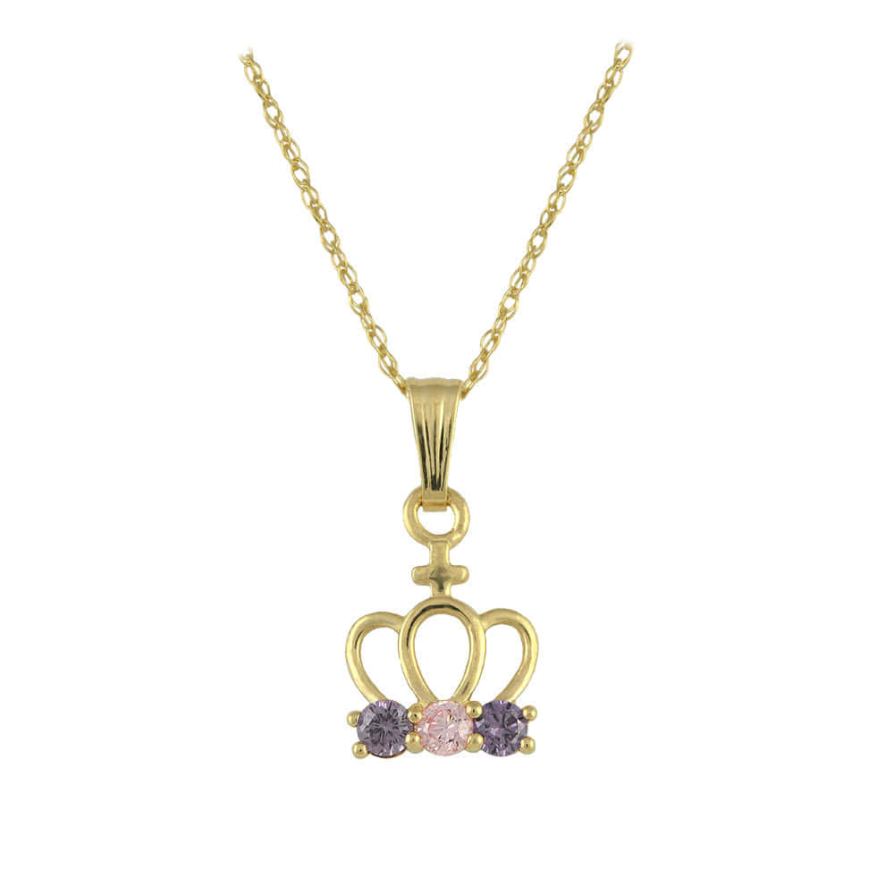 Girls 14K Yellow Gold Pink/Purple CZ Crown Pendant Necklace (15 inches) 1