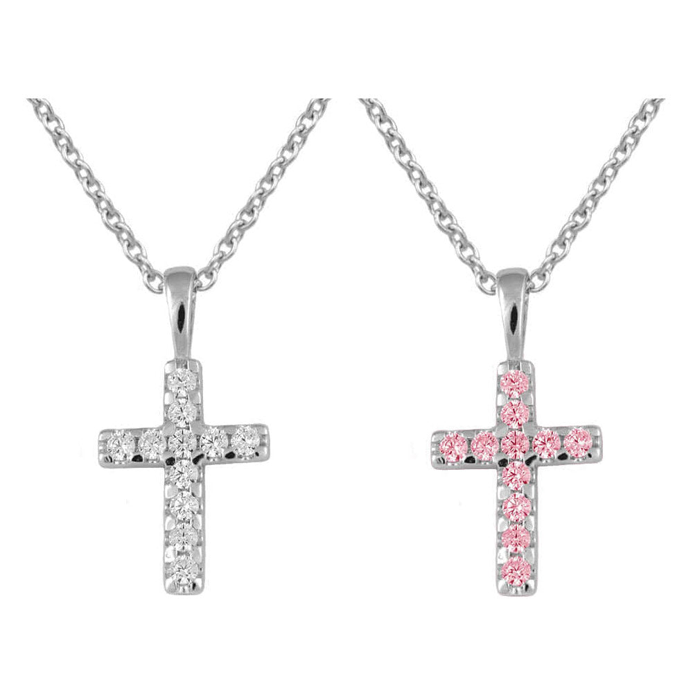 Children Jewelry - Sterling Silver Pink Or White CZ Cross Necklace For Girls (15 in) 2