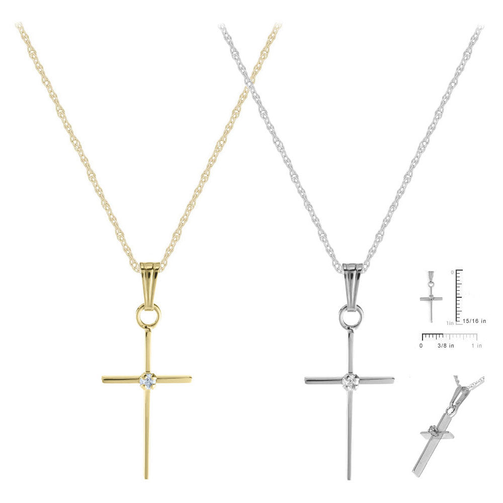 15 In Children 14K Yellow Or White Gold Diamond Accent Cross Pendant Necklace 2