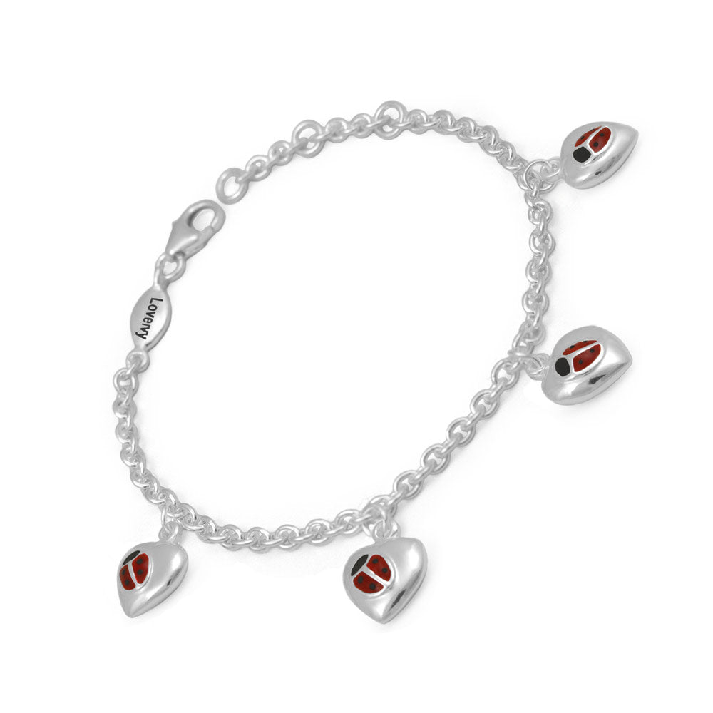 Adjustable Girls Silver Red Ladybug Heart Charms Bracelet (5 1/2-6 1/2 in) 1
