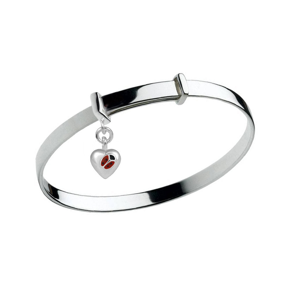 Silver Adjustable Ladybug Heart Charm Bangle Kids Bracelet (up to 5 1/4 in) 1