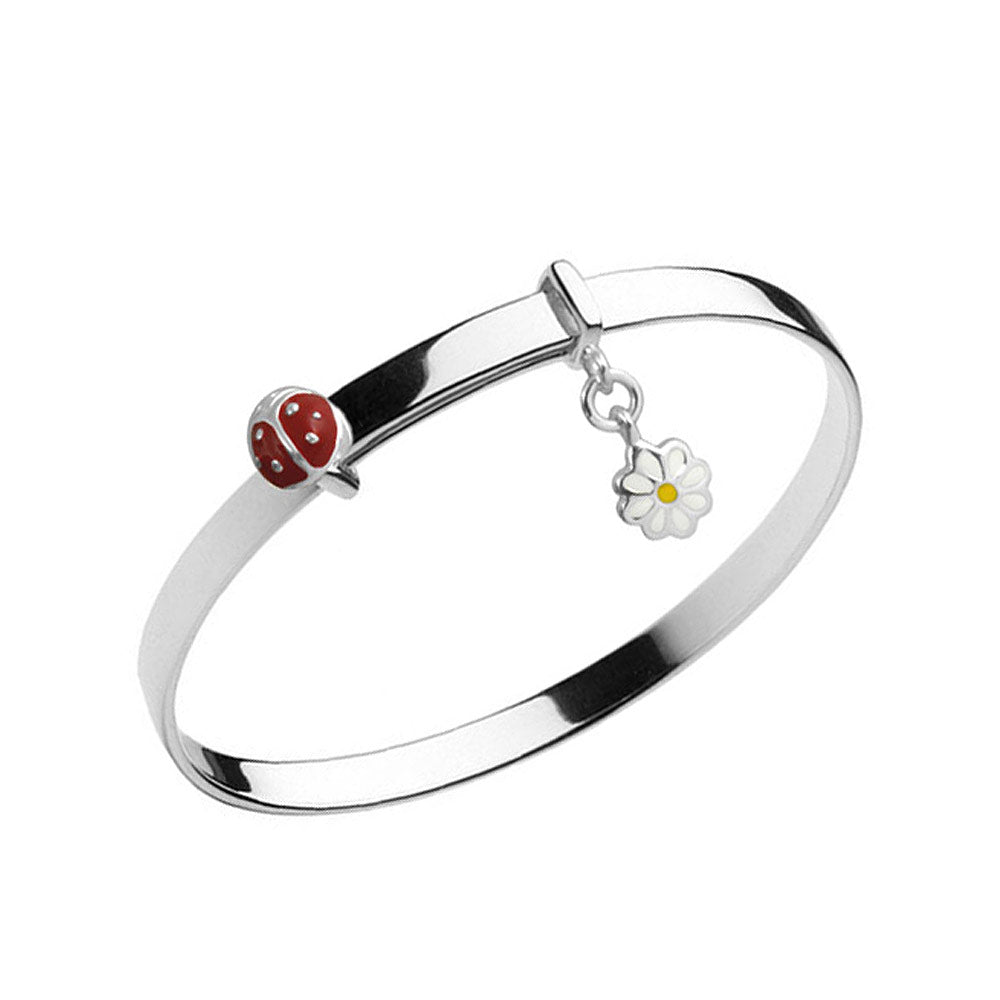 Girl's Silver Ladybug Bangle With or Without Daisy Charm (Up To 5 1/4 inches)