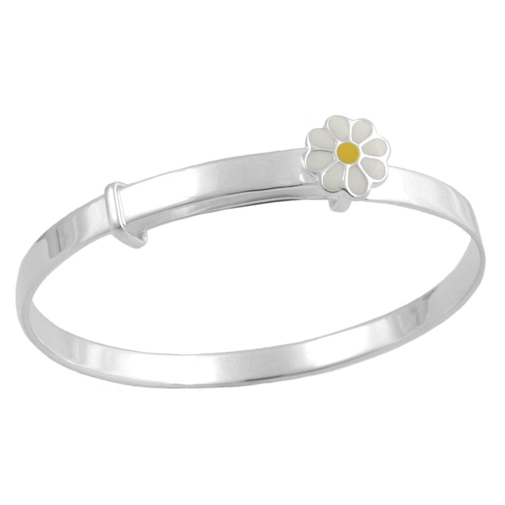 Kids Jewelry - Silver Enamel Daisy Adjustable Bangle Bracelet For Girls 1