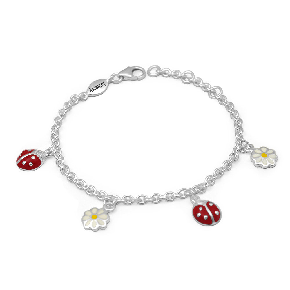 Children & Tween Girls Silver Ladybug & Daisy Flower Charm Bracelet (5 1/2-6 1/2 in) 1