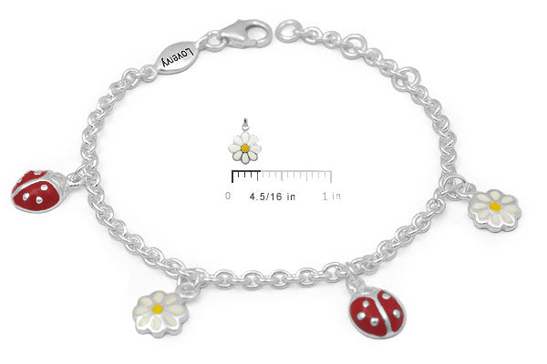 Children & Tween Girls Silver Ladybug & Daisy Flower Charm Bracelet (5 1/2-6 1/2 in) 2
