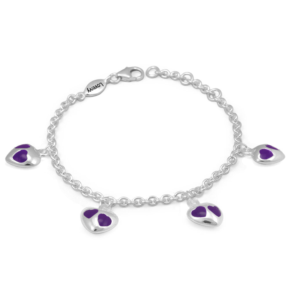 Girl's Sterling Silver Purple/Red/Pink Enamel Heart Charms Adjustable Bracelet