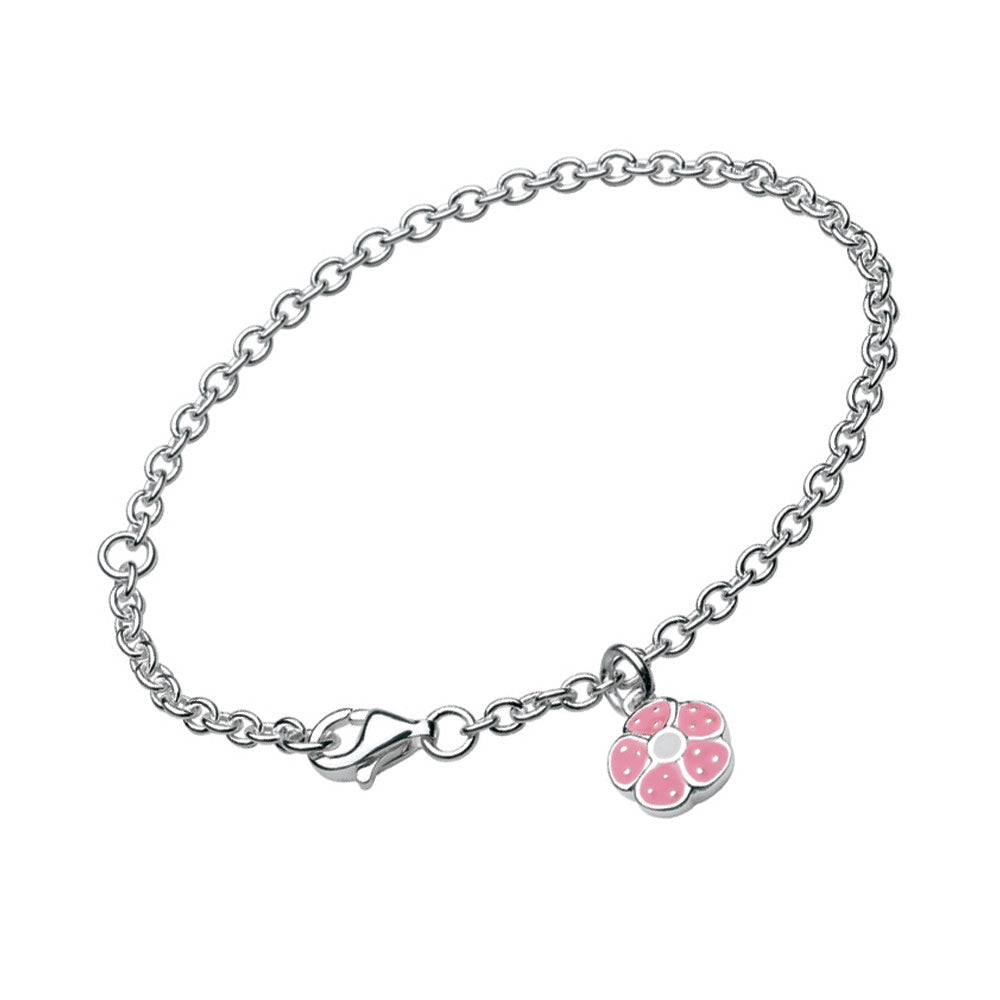 Sterling Silver Pink Enamel Flower Charm Girl's Bracelet (5 1/4,6 1/4 in) 1