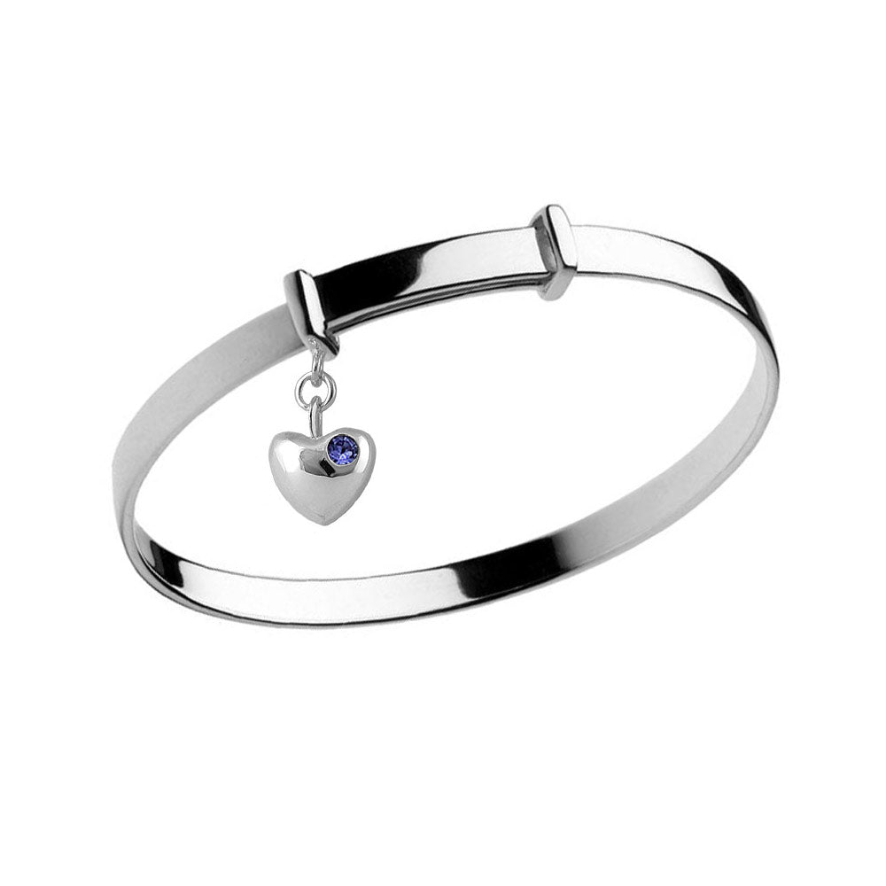 Little Girl Sterling Silver Simulated Birthstone Heart Charm Adjustable Bangle Bracelet