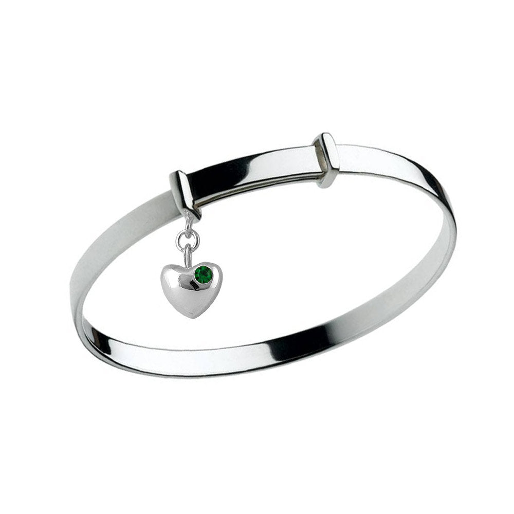 Little Girl Sterling Silver Simulated Birthstone Heart Charm Adjustable Bangle Bracelet