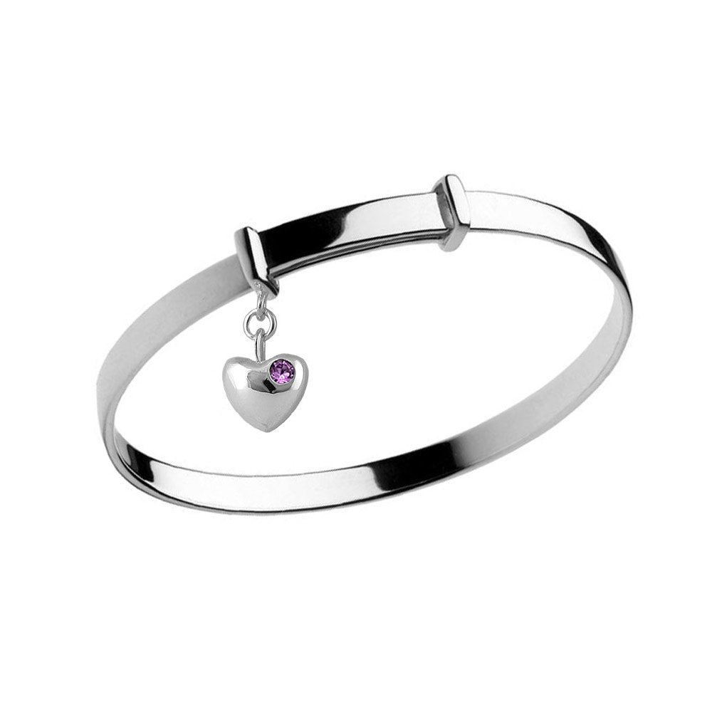 Little Girl Sterling Silver Simulated Birthstone Heart Charm Adjustable Bangle Bracelet