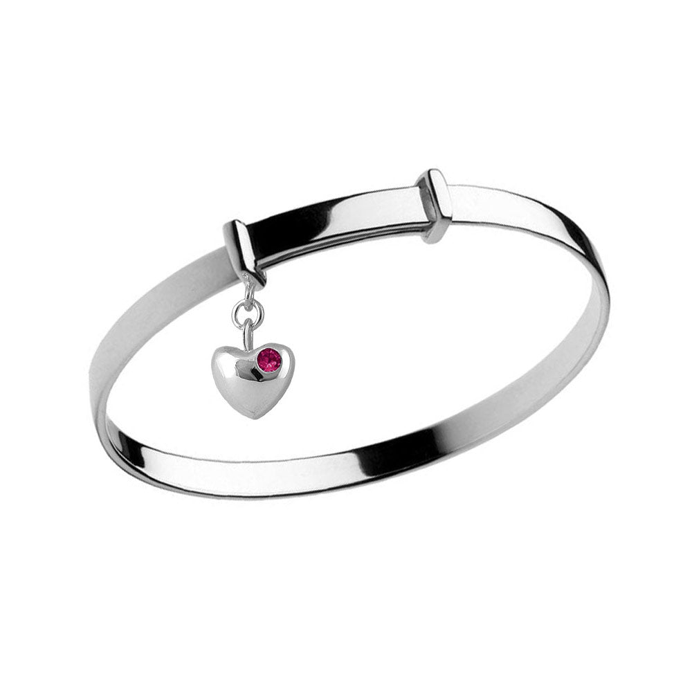 Little Girl Sterling Silver Simulated Birthstone Heart Charm Adjustable Bangle Bracelet