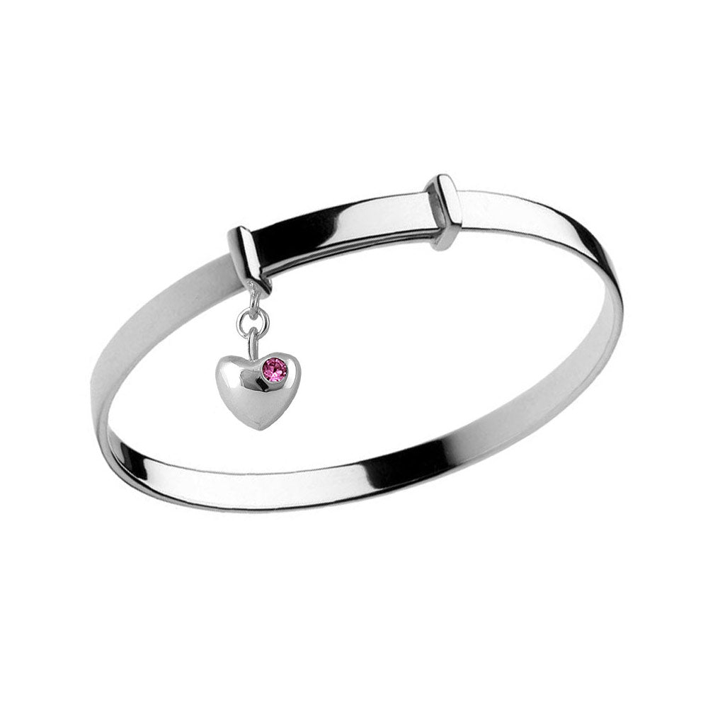 Little Girl Sterling Silver Simulated Birthstone Heart Charm Adjustable Bangle Bracelet