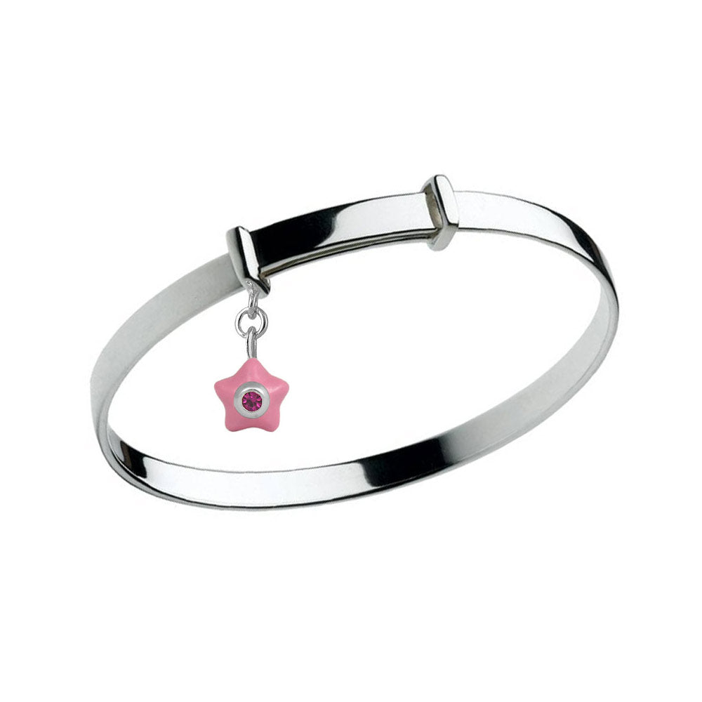 Sterling Silver Kids Birthstone Enamel Star Charm Adjustable Bangle