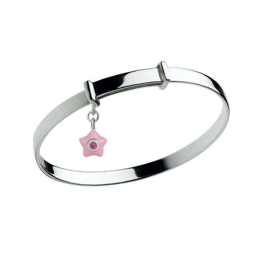 Sterling Silver Kids Birthstone Enamel Star Charm Adjustable Bangle