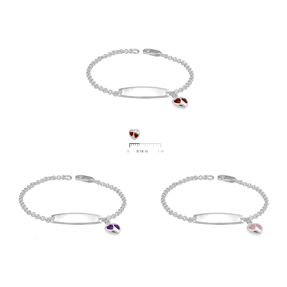 Adjustable Sterling Silver Pink/Red/Purple Enamel Heart Charm Girls ID Bracelet 2