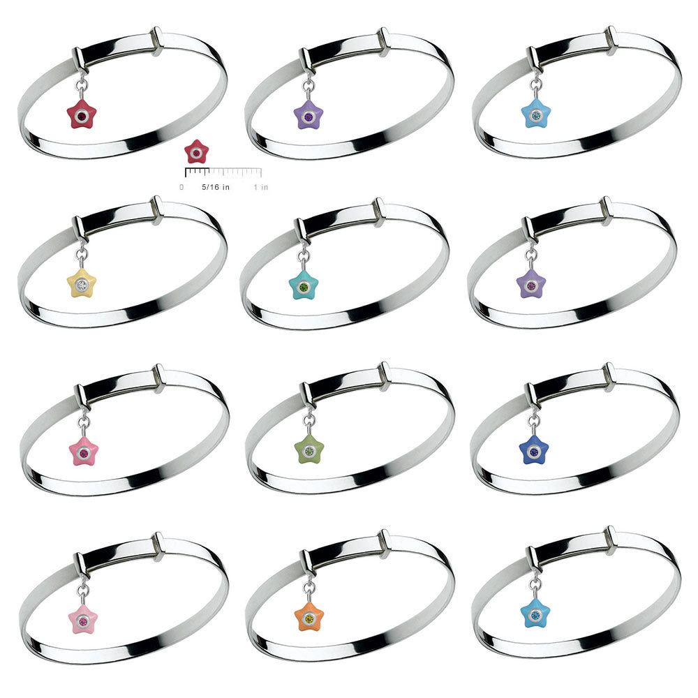 Sterling Silver Kids Birthstone Enamel Star Charm Adjustable Bangle 2