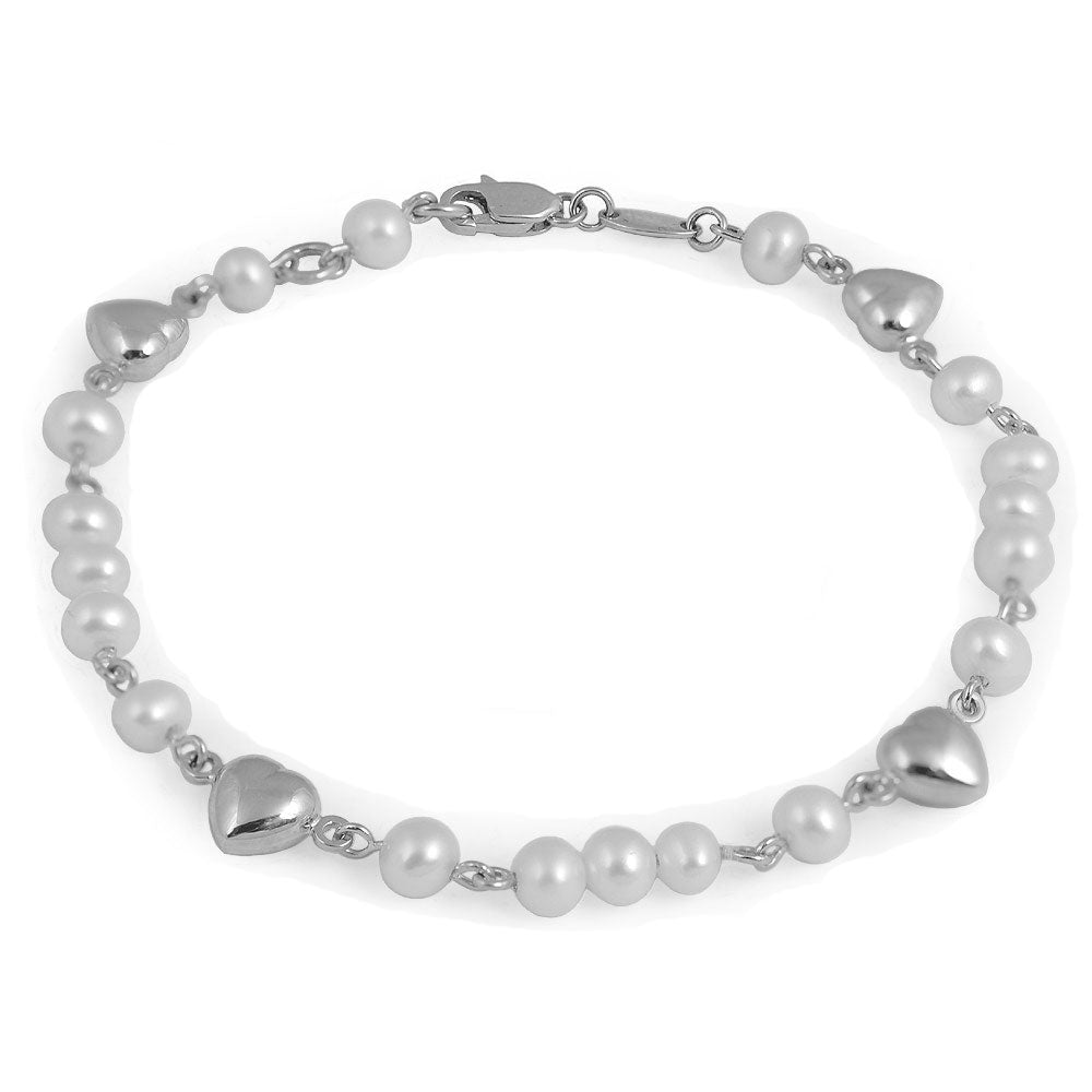 Girl's 5 1/2 In Gold or Silver White Cultured Pearl Heart Bracelet 1