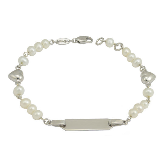 Girls 5 1/2 In Sterling Silver White Cultured Pearl Heart ID Bracelet 1