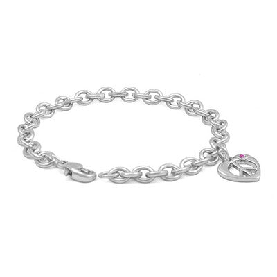 Girls Silver Pink Sapphire Heart Shape Peace Sign Charm Bracelet (6 3/4 in) 1