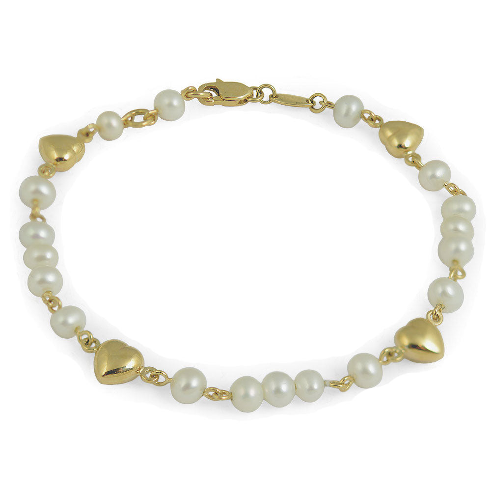 Girl's 5 1/2 In Gold or Silver White Cultured Pearl Heart Bracelet