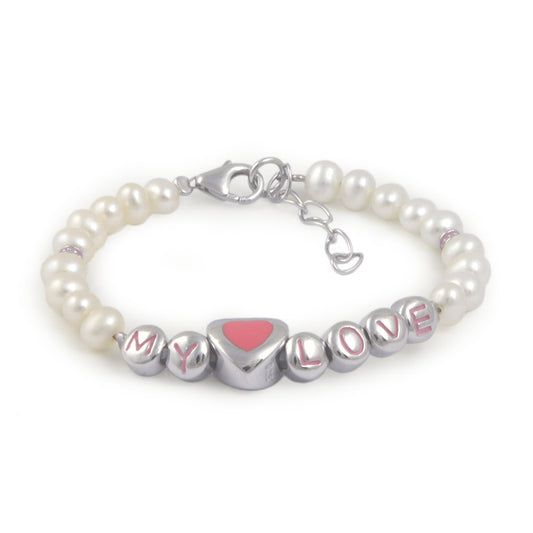 Kids Jewelry - Silver Cultured Pearl Heart My Love Beads Bracelet For Girls 1