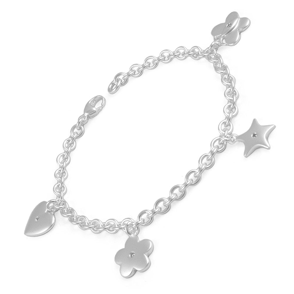 Teen Girls Silver Diamond Heart Star Flower Butterfly Charms Bracelet (7 1/4 in) 1