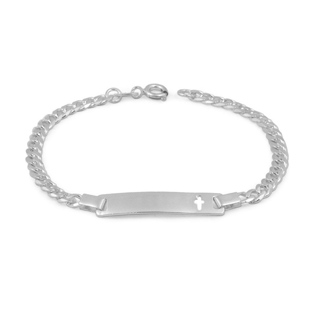 5 1/2 Or 6 1/2 In Sterling Silver Cross Curb Linked ID Bracelet For Boys And Girls