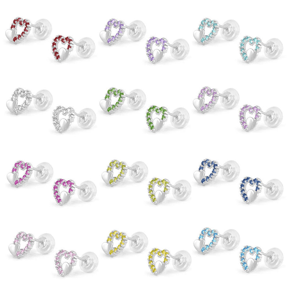 14K White Gold Birthstone Double Hearts Girls Stud Earrings 2