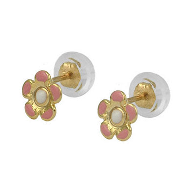 Little Girl 14K Yellow Gold Pink/White Flower Silicone Back Stud Earrings