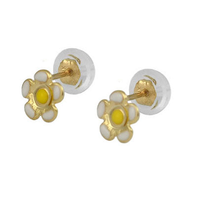 Little Girl 14K Yellow Gold Pink/White Flower Silicone Back Stud Earrings 1
