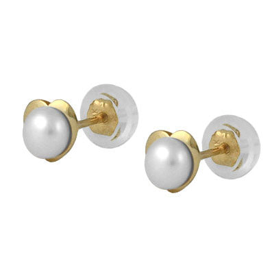 Girls 14K Yellow/White Gold Cultured Pearl Heart/Flower Shaped Silicone Back Earrings 1