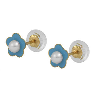 Girls 14K Yellow Gold Blue/Pink Flower Pearl Silicone Back Earrings 1