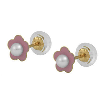 Girls 14K Yellow Gold Blue/Pink Flower Pearl Silicone Back Earrings