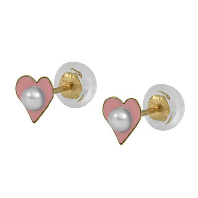 Girl 14K Yellow Gold Blue/Pink Heart Pearl Silicone Back Earrings 1