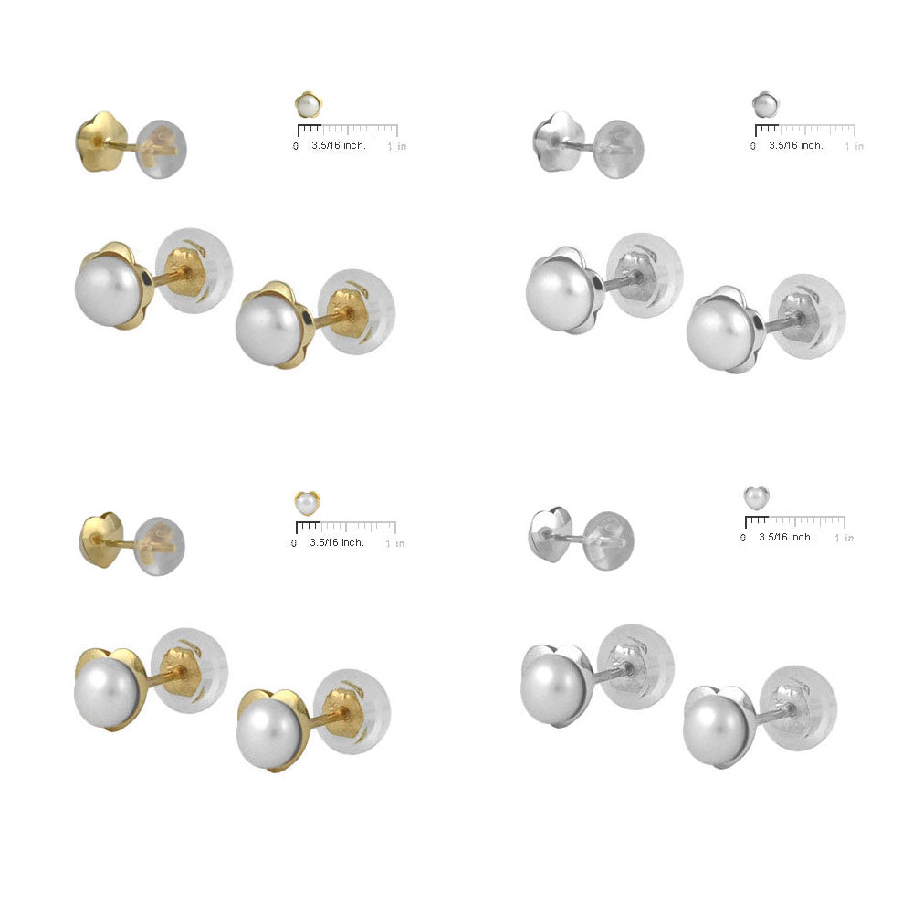 Girls 14K Yellow/White Gold Cultured Pearl Heart/Flower Shaped Silicone Back Earrings 2