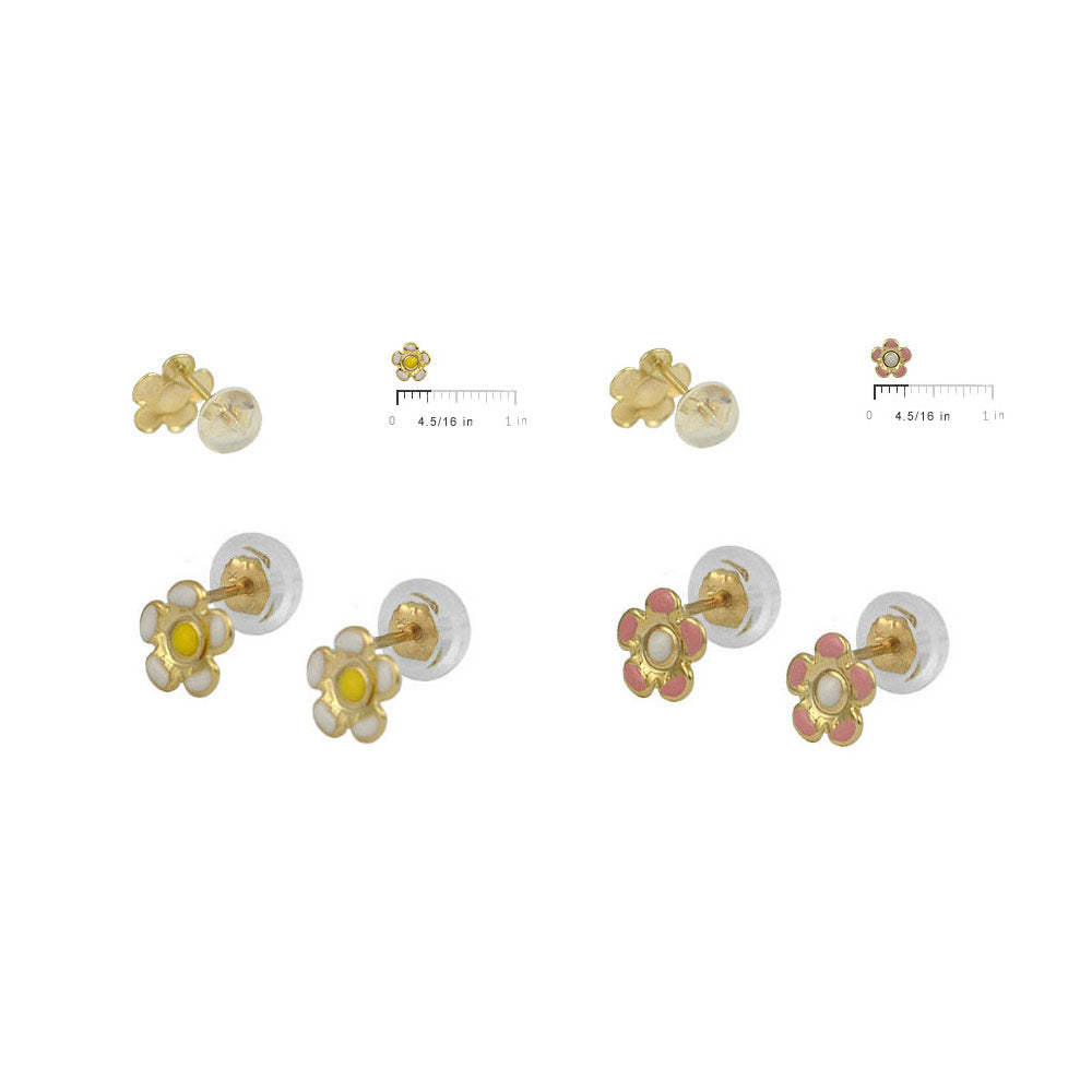 Little Girl 14K Yellow Gold Pink/White Flower Silicone Back Stud Earrings 2