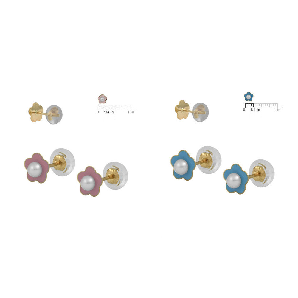 Girls 14K Yellow Gold Blue/Pink Flower Pearl Silicone Back Earrings 2