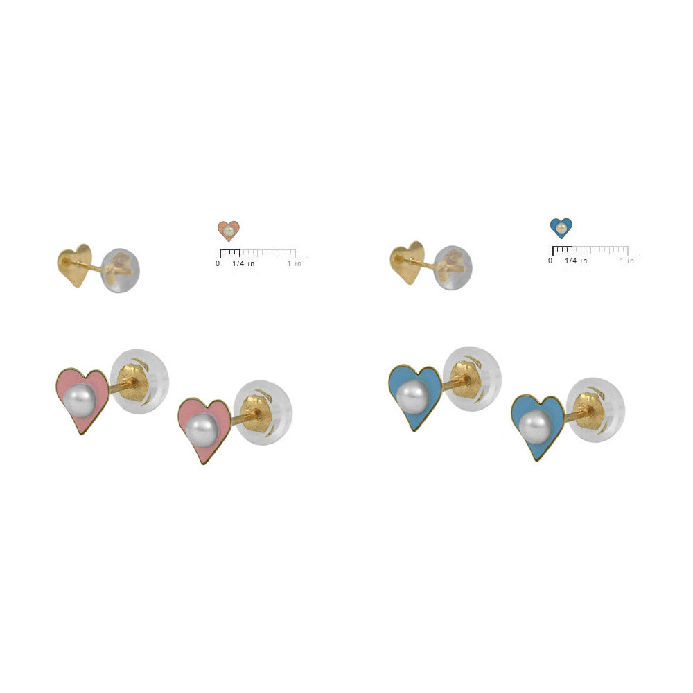 Girl 14K Yellow Gold Blue/Pink Heart Pearl Silicone Back Earrings 2