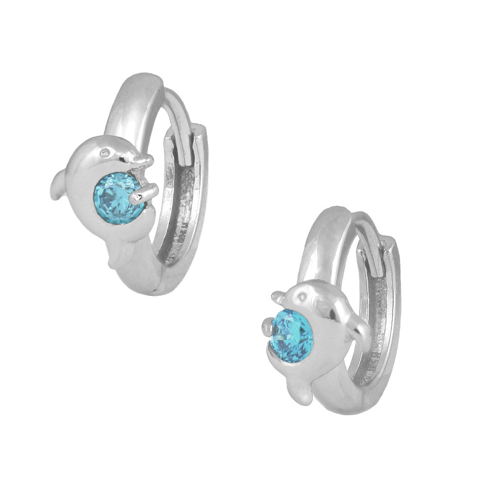 Kids Jewelry - Sterling Silver Birthstone Dolphin Huggie Hoop Earrings