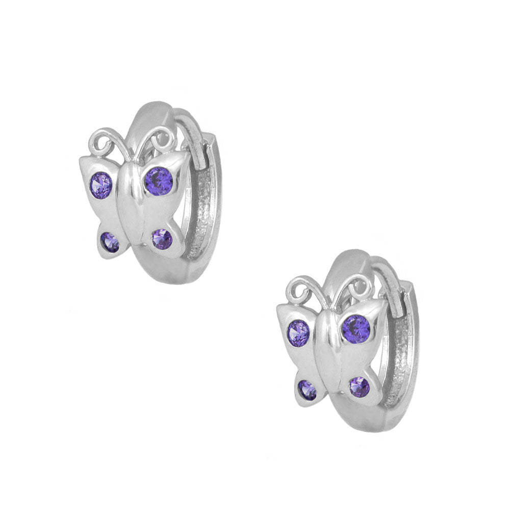 Sterling Silver Simulated Birthstone Butterfly Huggie Hoop Earrings For Girls