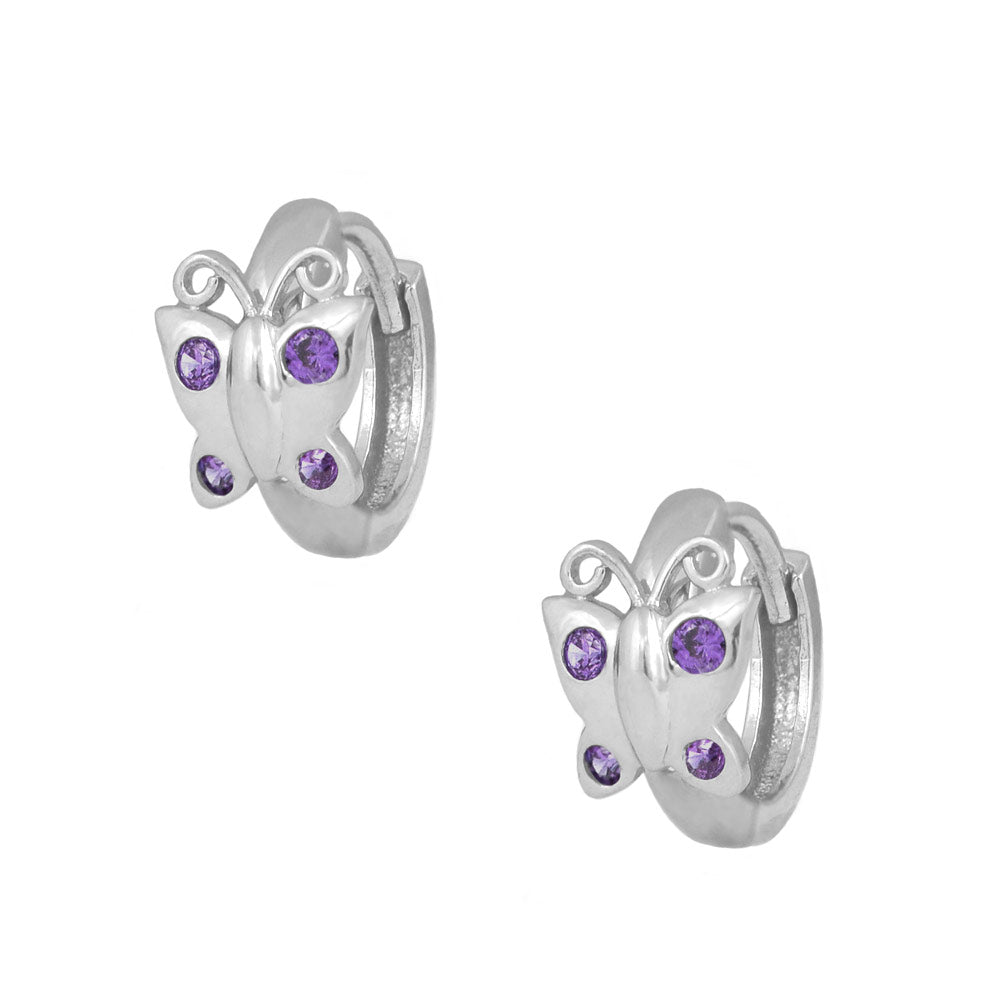 Sterling Silver Simulated Birthstone Butterfly Huggie Hoop Earrings For Girls