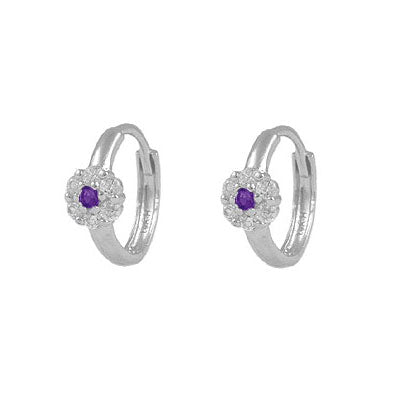 Girl's 14K White Gold Flower CZ Birthstone Huggie Hoop Earrings