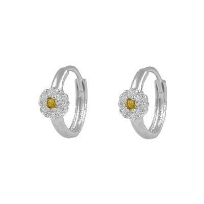 Girl's 14K White Gold Flower CZ Birthstone Huggie Hoop Earrings