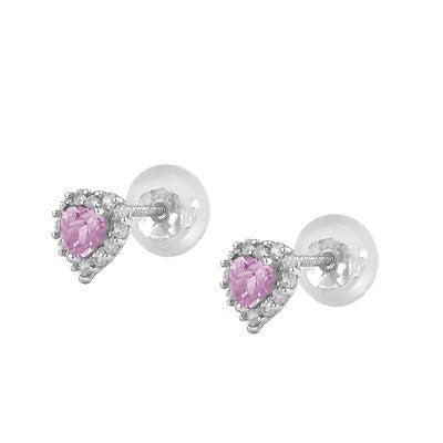 Little Girls 14K White Gold Birthstone Silicone Back Heart Shaped Earrings 1