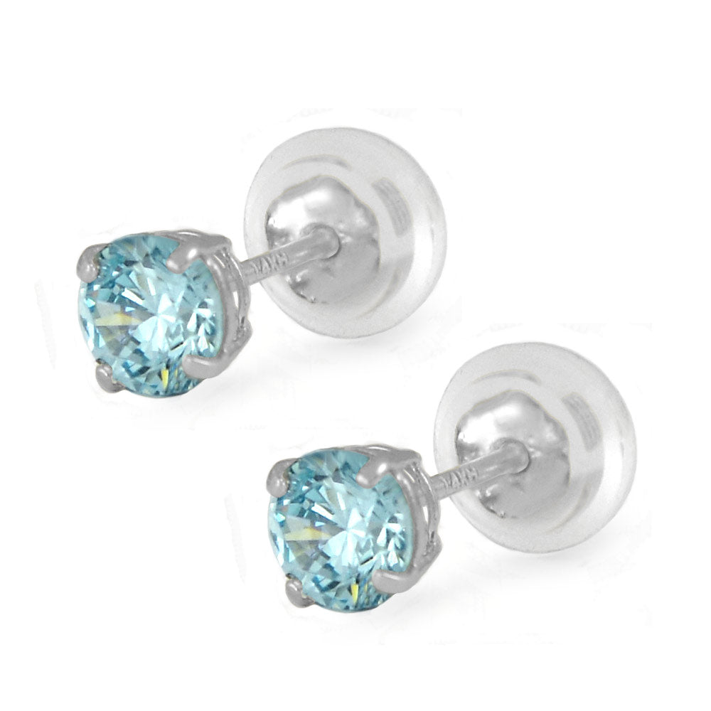 14K White Gold 4mm Birthstone Silicone Back Girl Stud Earrings 1