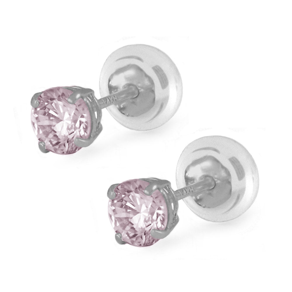 14K White Gold 4mm Birthstone Silicone Back Girl Stud Earrings