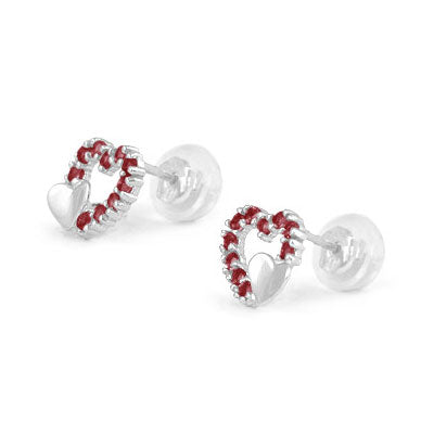 14K White Gold Birthstone Double Hearts Girls Stud Earrings 1