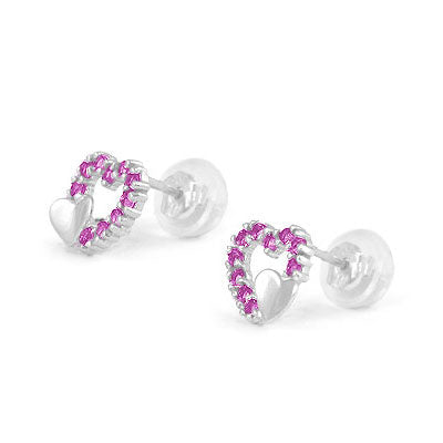 14K White Gold Birthstone Double Hearts Girls Stud Earrings