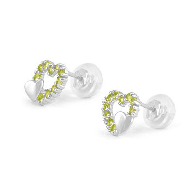 14K White Gold Birthstone Double Hearts Girls Stud Earrings