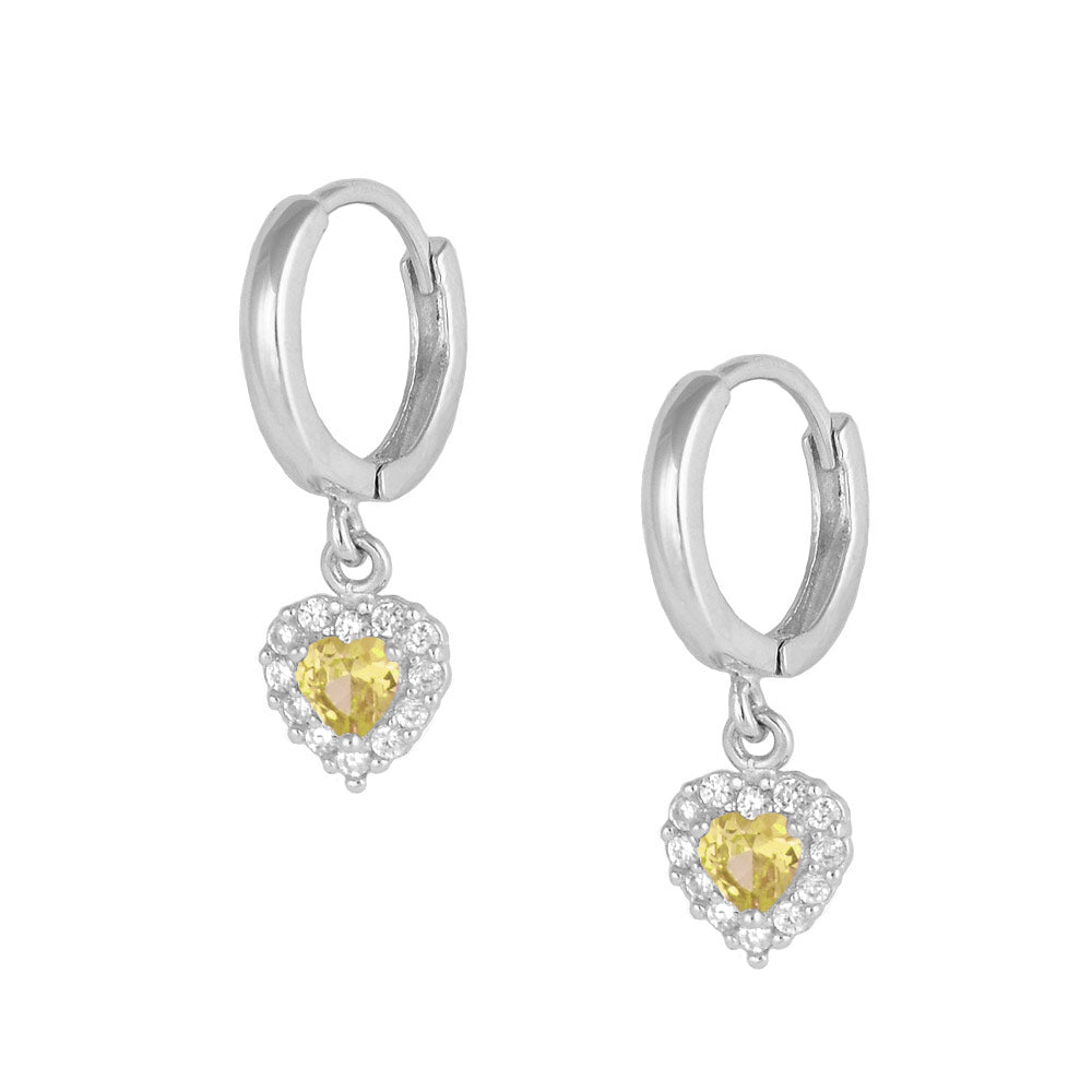 Girls 14K White Gold Birthstone Dangling Heart Huggie Earrings